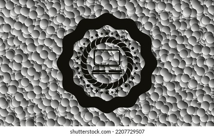 icono del portátil dentro del emblema oscuro con fondo de burbujas. Retro. Ilustración vectorial. Detallado. 