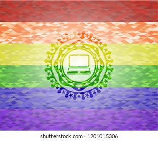  laptop icon inside emblem on mosaic background with the colors of the LGBT flag