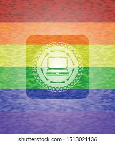 laptop icon inside emblem on mosaic background with the colors of the LGBT flag