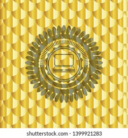 laptop icon inside gold badge. Scales pattern. Vector Illustration. Detailed.