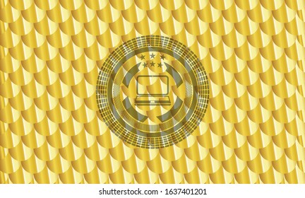 laptop icon inside gold emblem or badge. Scales pattern. Vector Illustration. Detailed.