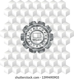 laptop icon inside grey badge with geometric cube white background