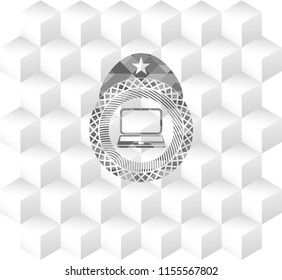 laptop icon inside grey emblem. Vintage with geometric cube white background