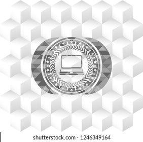 laptop icon inside grey emblem. Vintage with geometric cube white background