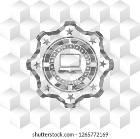 laptop icon inside grey emblem. Retro with geometric cube white background