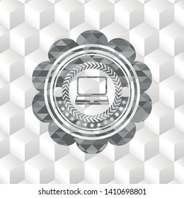 laptop icon inside grey emblem. Vintage with geometric cube white background