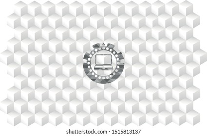 laptop icon inside grey emblem. Retro with geometric cube white background