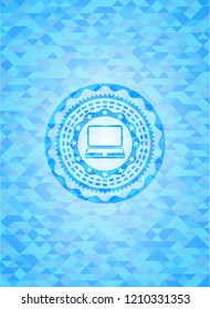 laptop icon inside light blue emblem with mosaic ecological style background