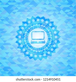laptop icon inside light blue emblem. Mosaic background
