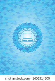 laptop icon inside light blue emblem with mosaic ecological style background