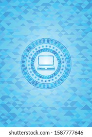 laptop icon inside light blue emblem. Mosaic background