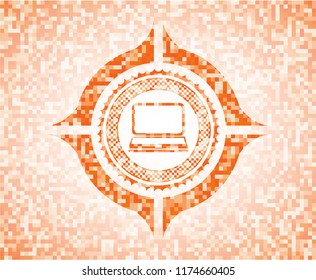 laptop icon inside orange tile background illustration. Square geometric mosaic seamless pattern with emblem inside.