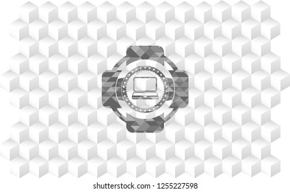 laptop icon inside realistic grey emblem with cube white background