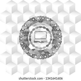 laptop icon inside realistic grey emblem with geometric cube white background
