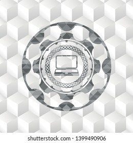 laptop icon inside realistic grey emblem with geometric cube white background