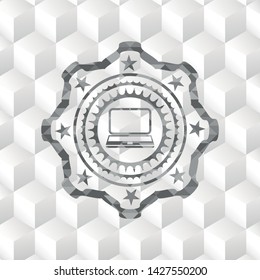 laptop icon inside realistic grey emblem with cube white background