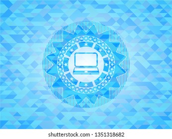 laptop icon inside realistic light blue mosaic emblem