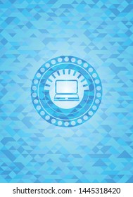 laptop icon inside realistic light blue mosaic emblem