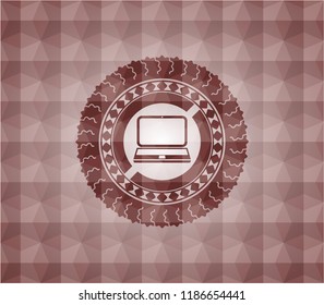 laptop icon inside red emblem or badge with abstract geometric pattern background. Seamless.
