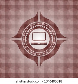laptop icon inside red emblem with geometric pattern background. Seamless.