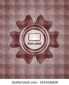 laptop icon inside red emblem or badge with abstract geometric polygonal pattern background. Seamless.