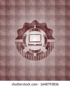 laptop icon inside red emblem with geometric pattern background. Seamless.
