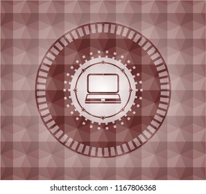 laptop icon inside red seamless badge with geometric pattern background.