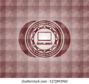 laptop icon inside red seamless emblem or badge with geometric pattern background.