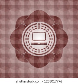 laptop icon inside red seamless emblem or badge with abstract geometric pattern background.