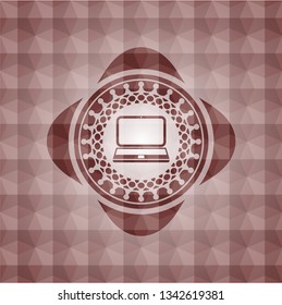 laptop icon inside red seamless geometric pattern emblem. Seamless.