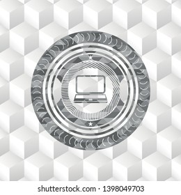 laptop icon inside retro style grey emblem with geometric cube white background