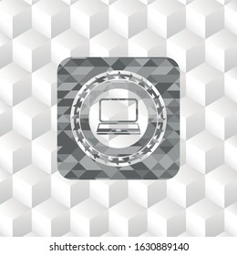 laptop icon inside retro style grey emblem with geometric cube white background