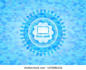 laptop icon inside sky blue emblem. Mosaic background