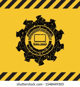 laptop icon inside warning sign, black grunge emblem. Vector Illustration. Detailed.