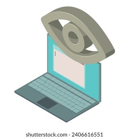 Laptop icon isometric vector. Modern laptop and large opened human eye icon. Digitalization, modern technology