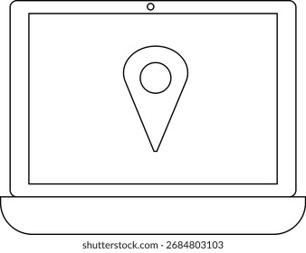 Laptop-Symbol und Standortsymbol auf weißem Hintergrund.mit schwarzen Linien