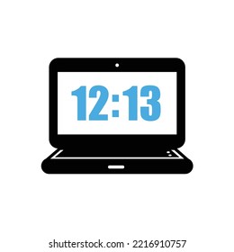Laptop icon, logo with time on screen Flat design vector illustration on white isolated background.