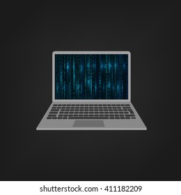 Laptop Icon. Matrix Background. Flat Design. Web Developer Coding Concept. Vector Illustration. 