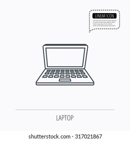 Laptop icon. Mobile PC sign. Linear outline icon. Speech bubble of dotted line. Vector