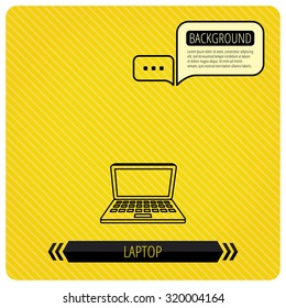 Laptop icon. Mobile PC sign. Chat speech bubbles. Orange line background. Vector