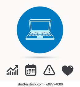 Laptop icon. Mobile PC sign. Calendar, attention sign and growth chart. Button with web icon. Vector