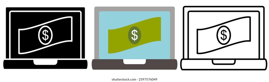 laptop icon with money, simple flat style, illustration, logo sign symbol pictogram template, for ui or ux isolated on white for mobile app, editable