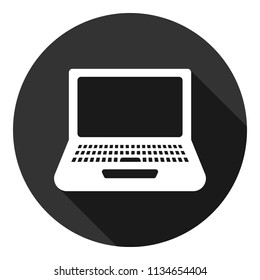 Laptop icon. Notebook icon. Portable computer icon. Gray background with shadow. Vector flat sign. Round icon with shadow