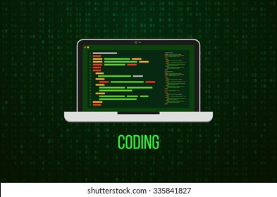 Laptop Icon On Matrix Background. Flat Design. Vector Illustration. Web Developer Coding Concept.