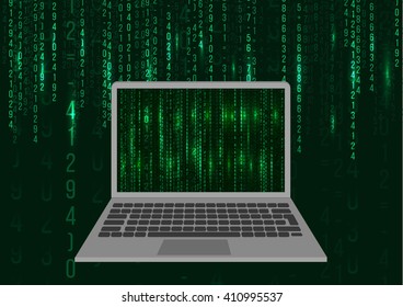 Laptop Icon On Matrix Background. Flat Design. Web Developer Coding Concept. Vector Illustration. 