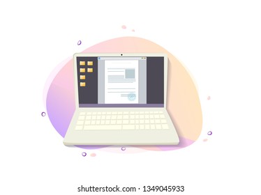 laptop icon. on the screen an open document and a lot of folders. composition on gradient.