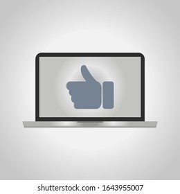 Laptop icon with one hand with thumb up. Concept social networks and likes.