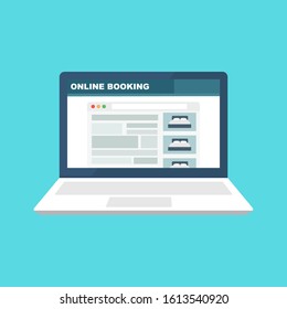 Laptop icon with online booking. Flat style trend modern simple graphic design. Concept of reservation room or bed in hotel or hostel for family holidays or business.