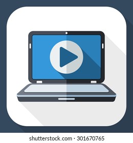 Laptop icon with play button on the screen and long shadow