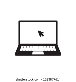 Laptop  icon with pointer or cursor. Notebook with clicking mouse on white background.
